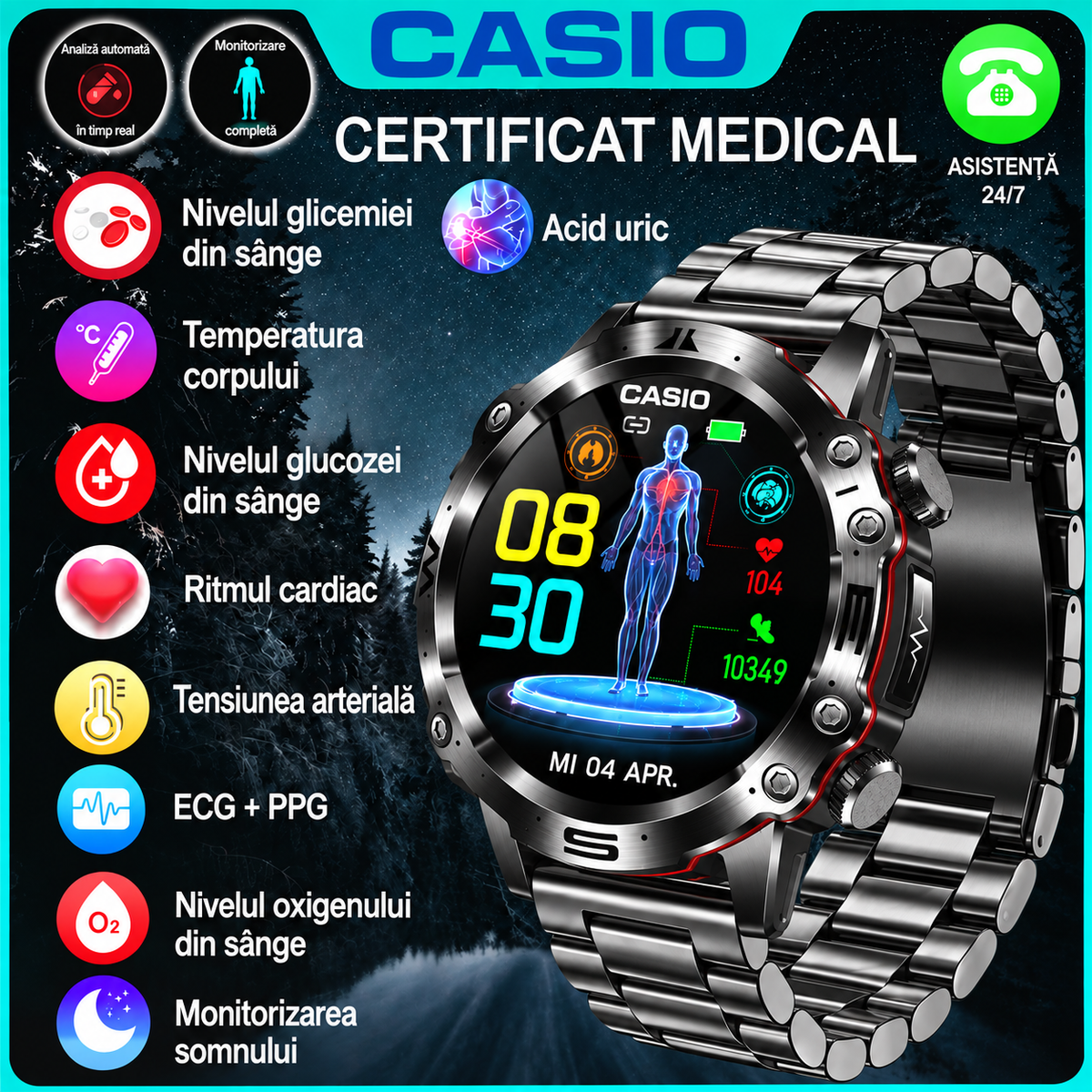 Smartwatch cu funcții de monitorizare a sănătății și a activității zilnice